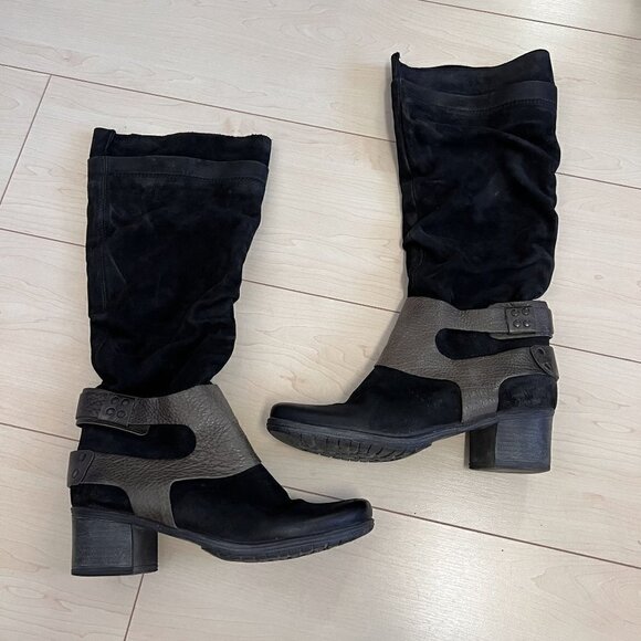 MJUS Knee High Black Suede Boots With Grey Harness Detail Sz 40 - Picture 1 of 12